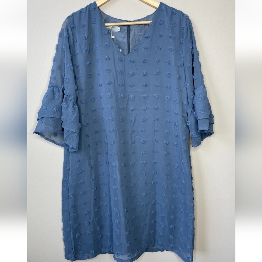 Belongsci size L Women Swiss Dot Midi Dress Blue Layered Sleeves Flowy - Blue